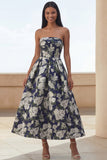 Blue Daffodil Flower A Line Floral Maxi Strapless Wedding Guest Dress