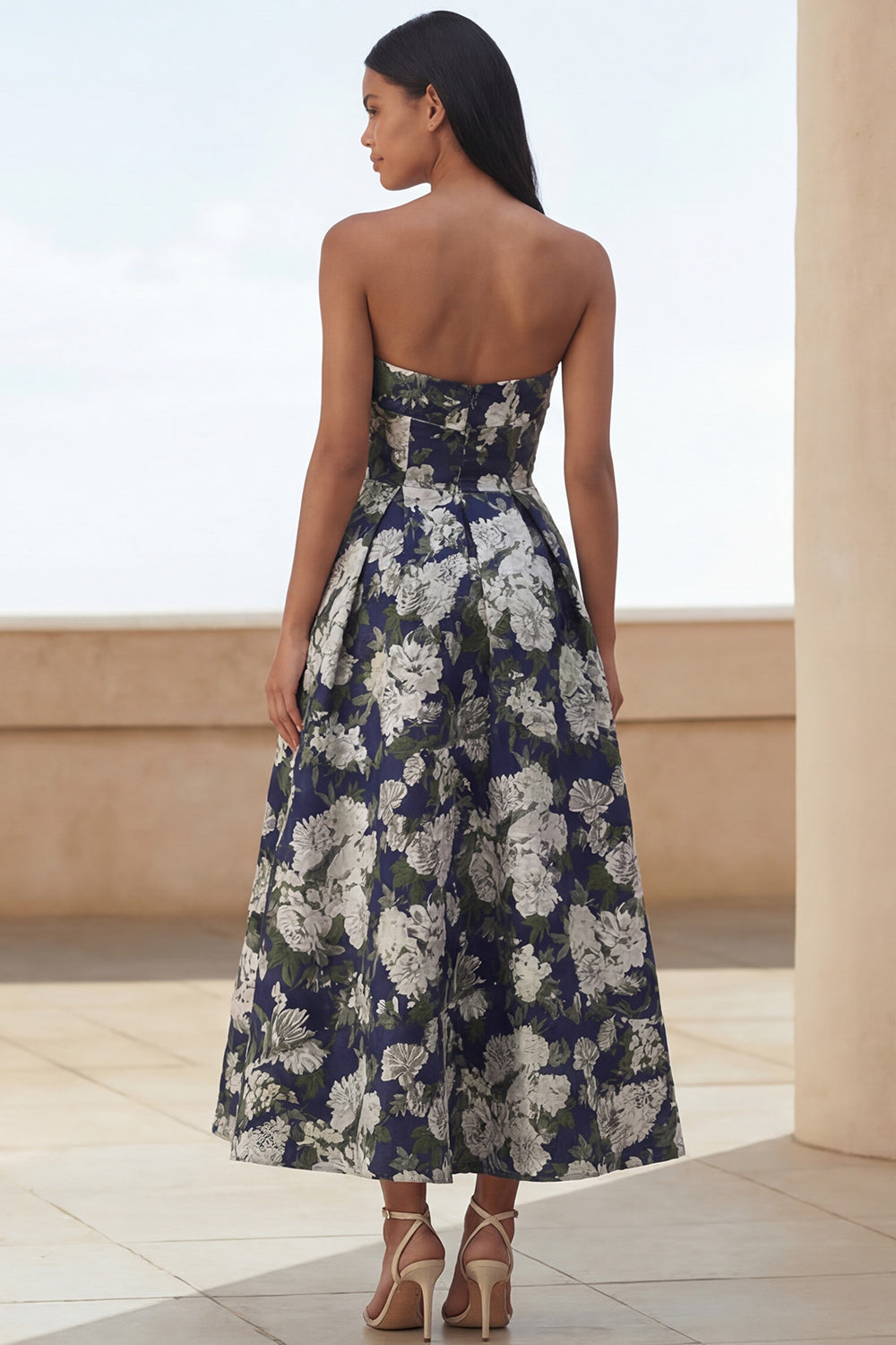 Blue Daffodil Flower A Line Floral Maxi Strapless Wedding Guest Dress