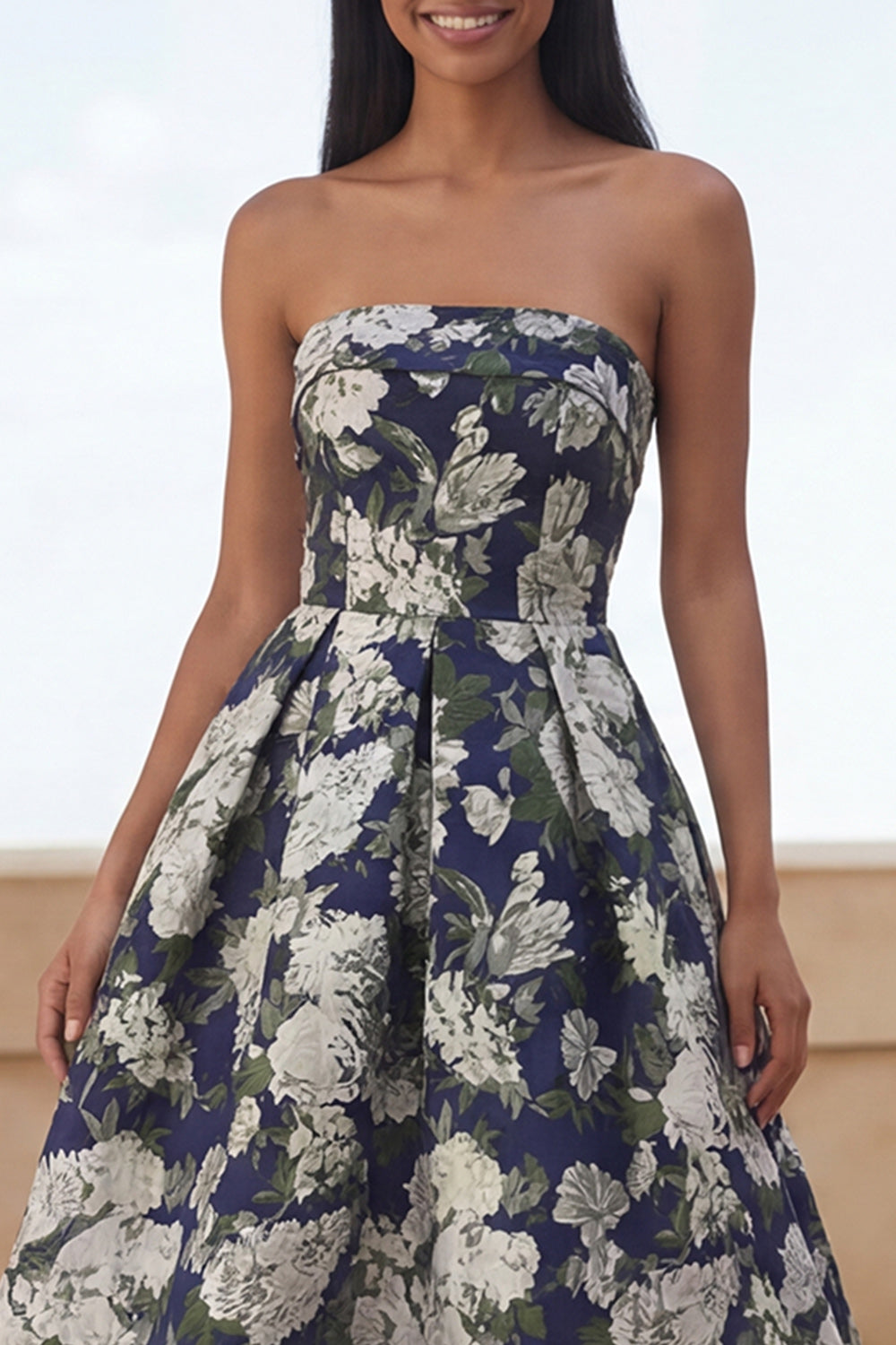 Blue Daffodil Flower A Line Floral Maxi Strapless Wedding Guest Dress