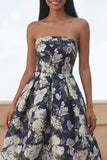 Blue Daffodil Flower A Line Floral Maxi Strapless Wedding Guest Dress