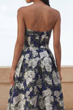 Blue Daffodil Flower A Line Floral Maxi Strapless Wedding Guest Dress