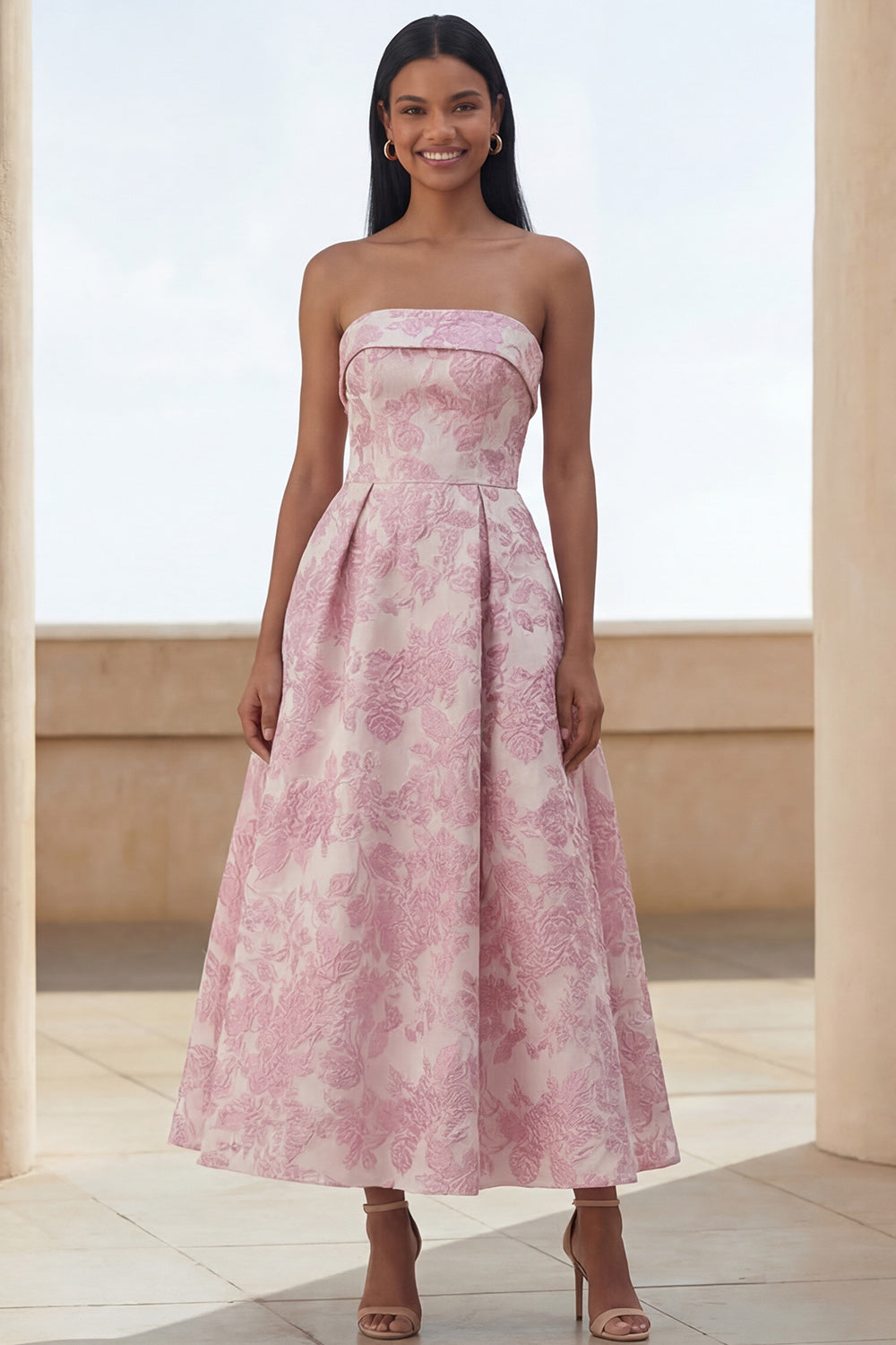 Blue Daffodil Flower A Line Floral Maxi Strapless Wedding Guest Dress