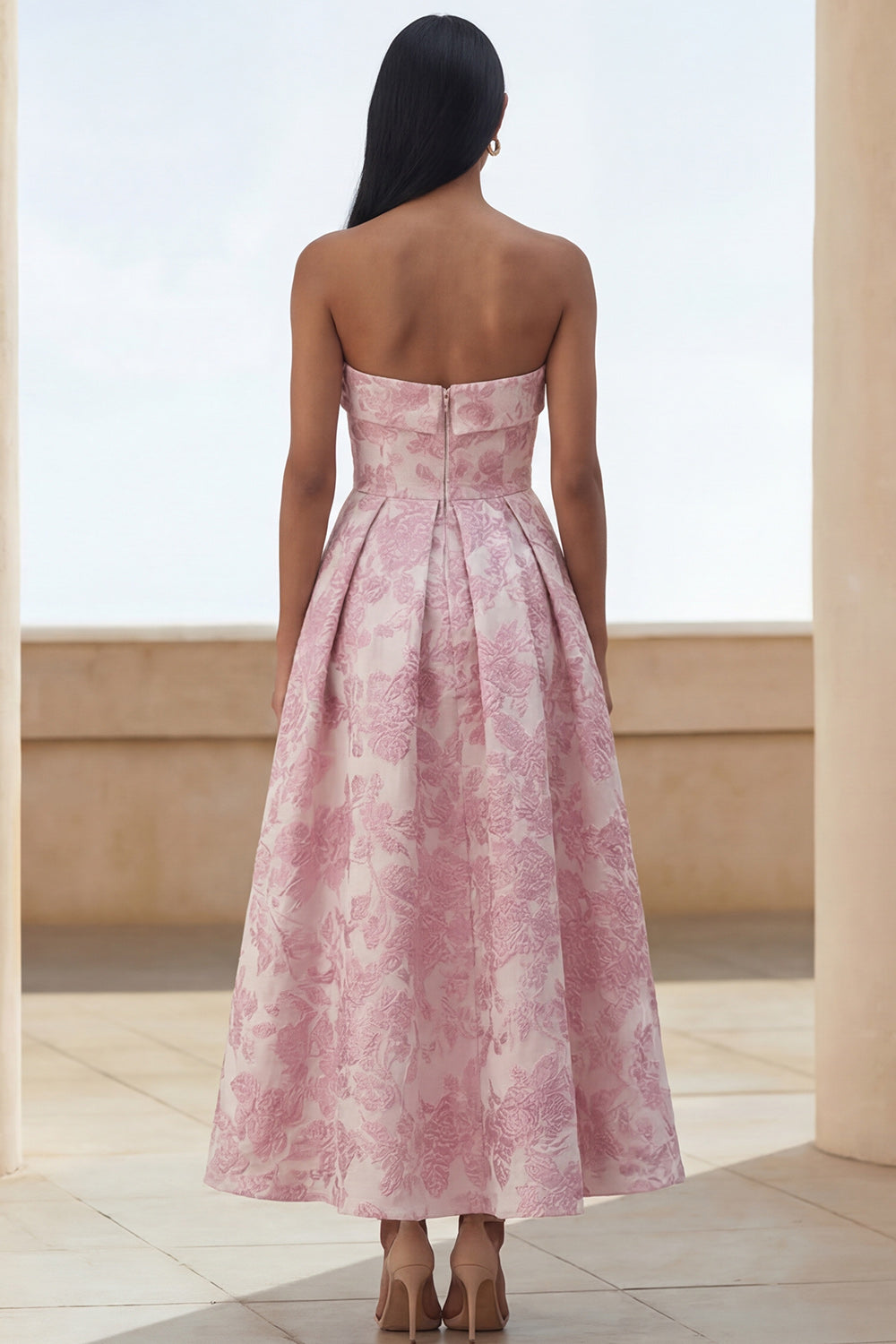 Blue Daffodil Flower A Line Floral Maxi Strapless Wedding Guest Dress