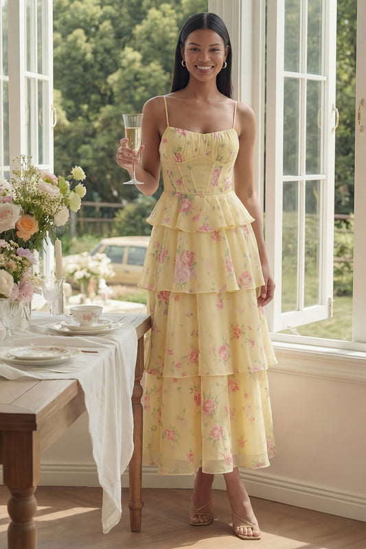 Yellow Corset A Line Floral Maxi Beach Wedding Guest Dress with Ruffles