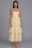 Yellow Corset A Line Floral Maxi Beach Wedding Guest Dress with Ruffles