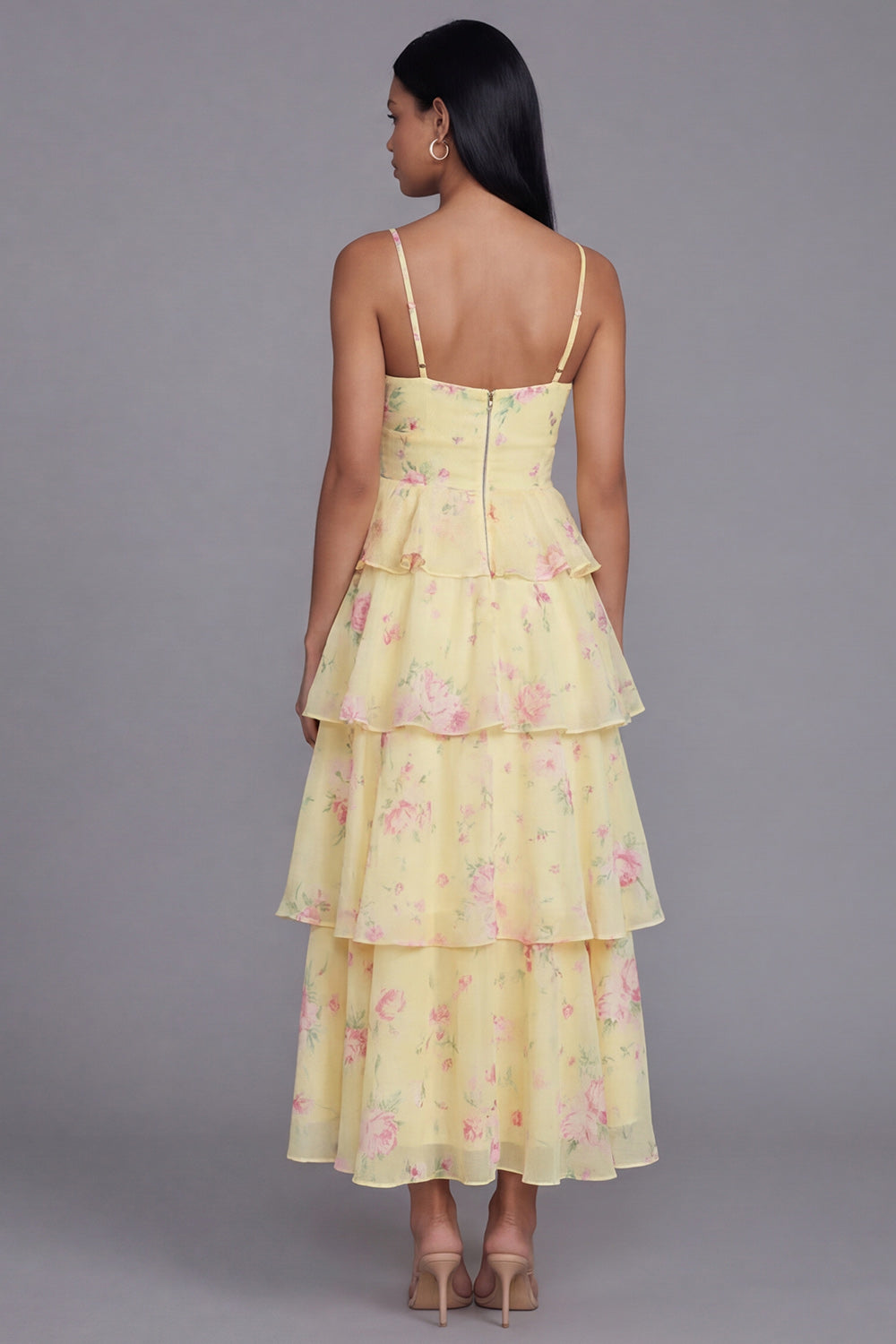 Yellow Corset A Line Floral Maxi Beach Wedding Guest Dress with Ruffles