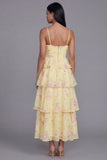 Yellow Corset A Line Floral Maxi Beach Wedding Guest Dress with Ruffles