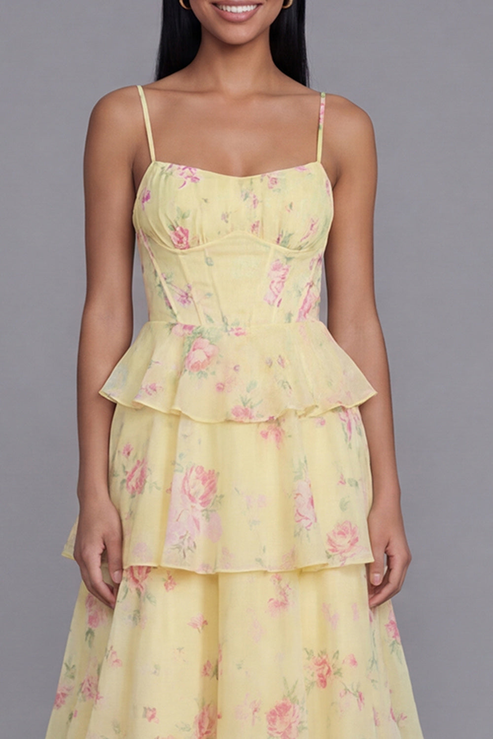 Yellow Corset A Line Floral Maxi Beach Wedding Guest Dress with Ruffles