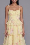 Yellow Corset A Line Floral Maxi Beach Wedding Guest Dress with Ruffles