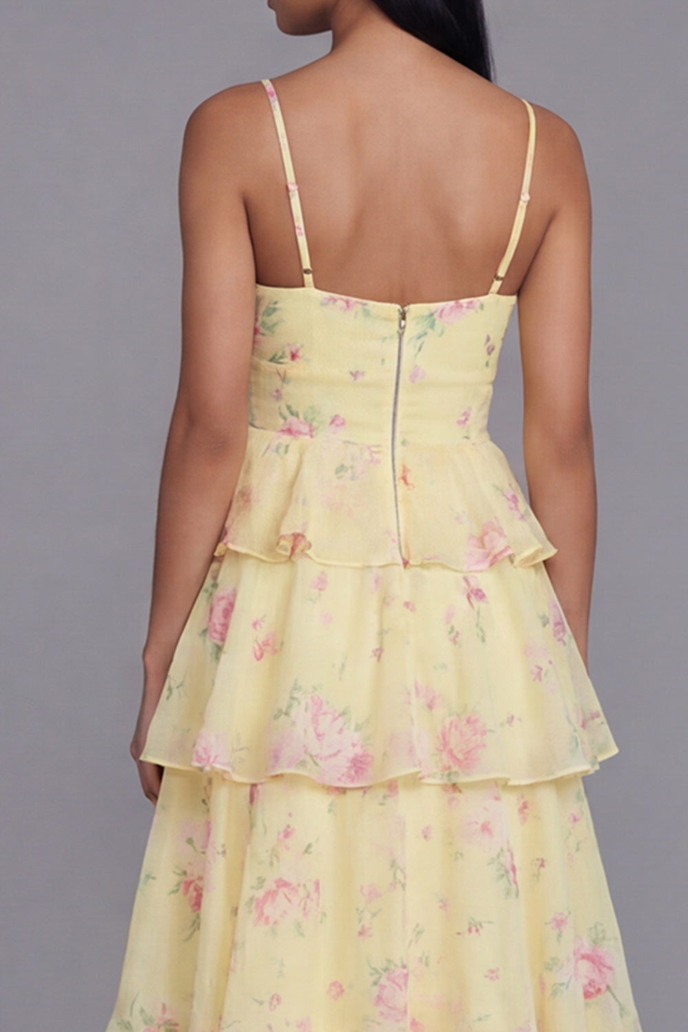 Yellow Corset A Line Floral Maxi Beach Wedding Guest Dress with Ruffles