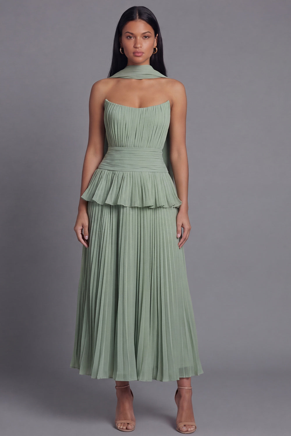 Dusty Sage A Line Maxi Ruffled Beach Wedding Guest Dress with Pleats