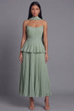 Dusty Sage A Line Maxi Ruffled Beach Wedding Guest Dress with Pleats