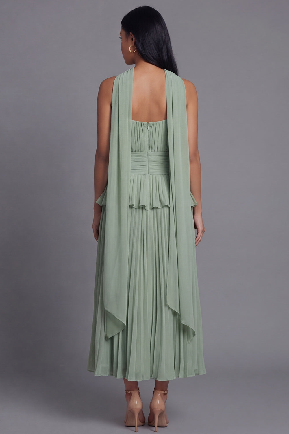 Zapakasa Women Dusty Sage Ruffled Pleated Chiffon Maxi Beach Wedding Guest  Dress with Neck Scarf Strapless A Line Ruffled Formal Dress