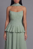 Dusty Sage A Line Maxi Ruffled Beach Wedding Guest Dress with Pleats