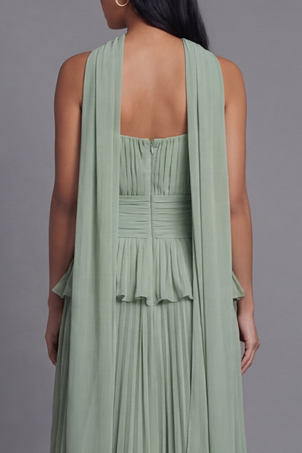 Dusty Sage A Line Maxi Ruffled Beach Wedding Guest Dress with Pleats