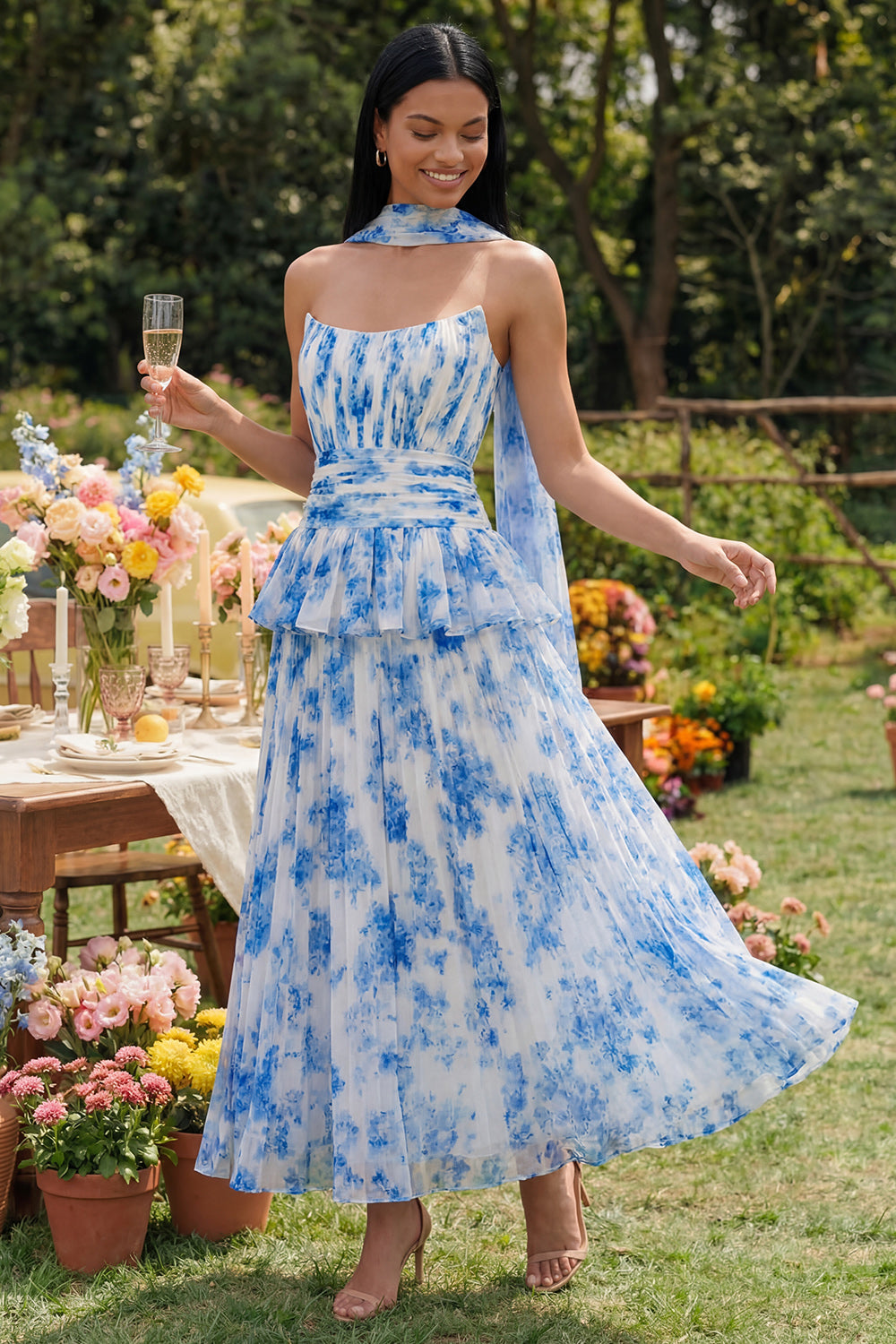Zapakasa Women Dusty Sage Ruffled Pleated Chiffon Maxi Beach Wedding Guest  Dress with Neck Scarf Strapless A Line Ruffled Formal Dress