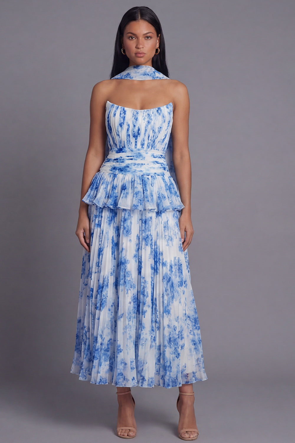 Dusty Sage A Line Maxi Ruffled Beach Wedding Guest Dress with Pleats