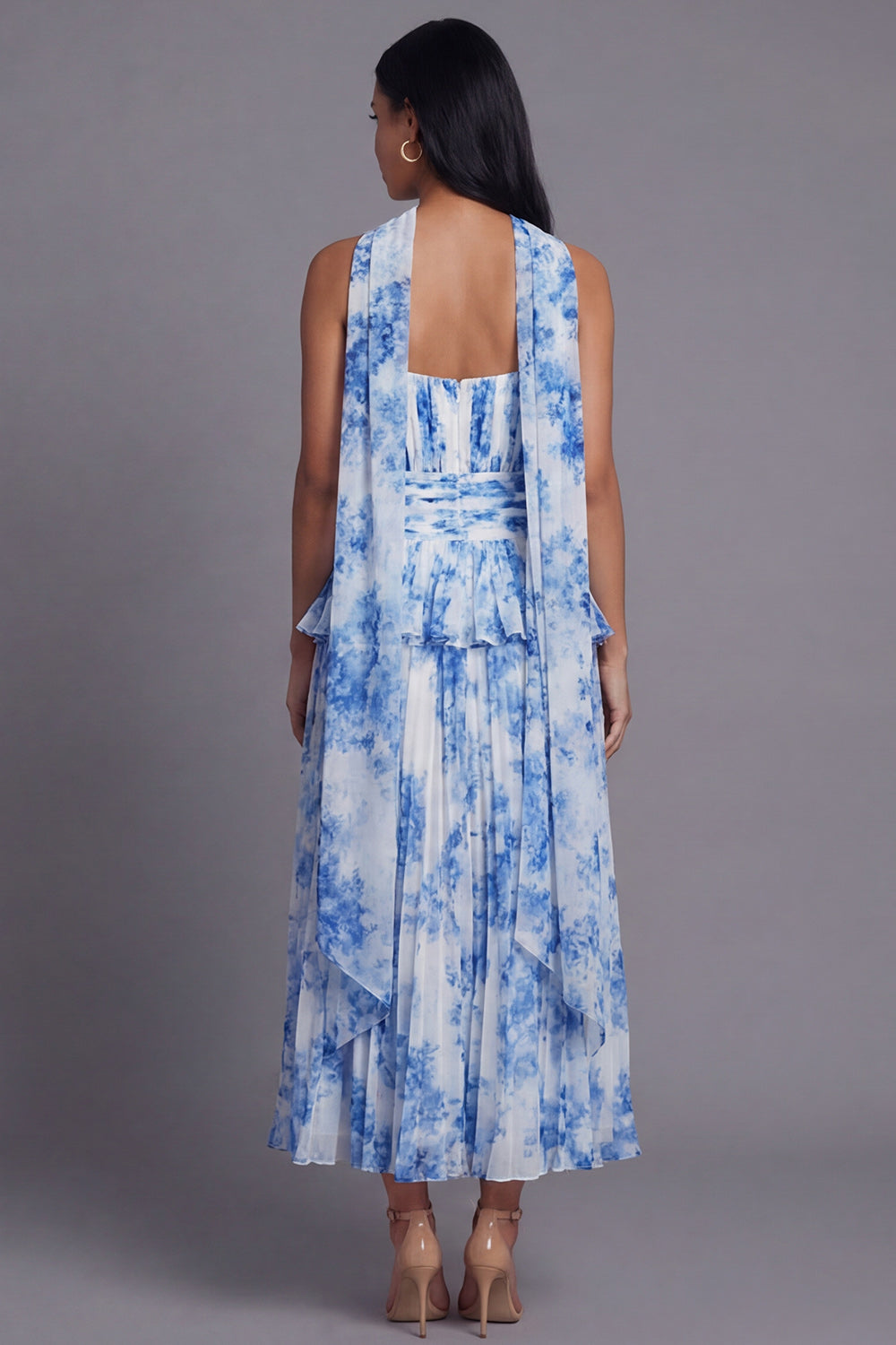 Dusty Sage A Line Maxi Ruffled Beach Wedding Guest Dress with Pleats