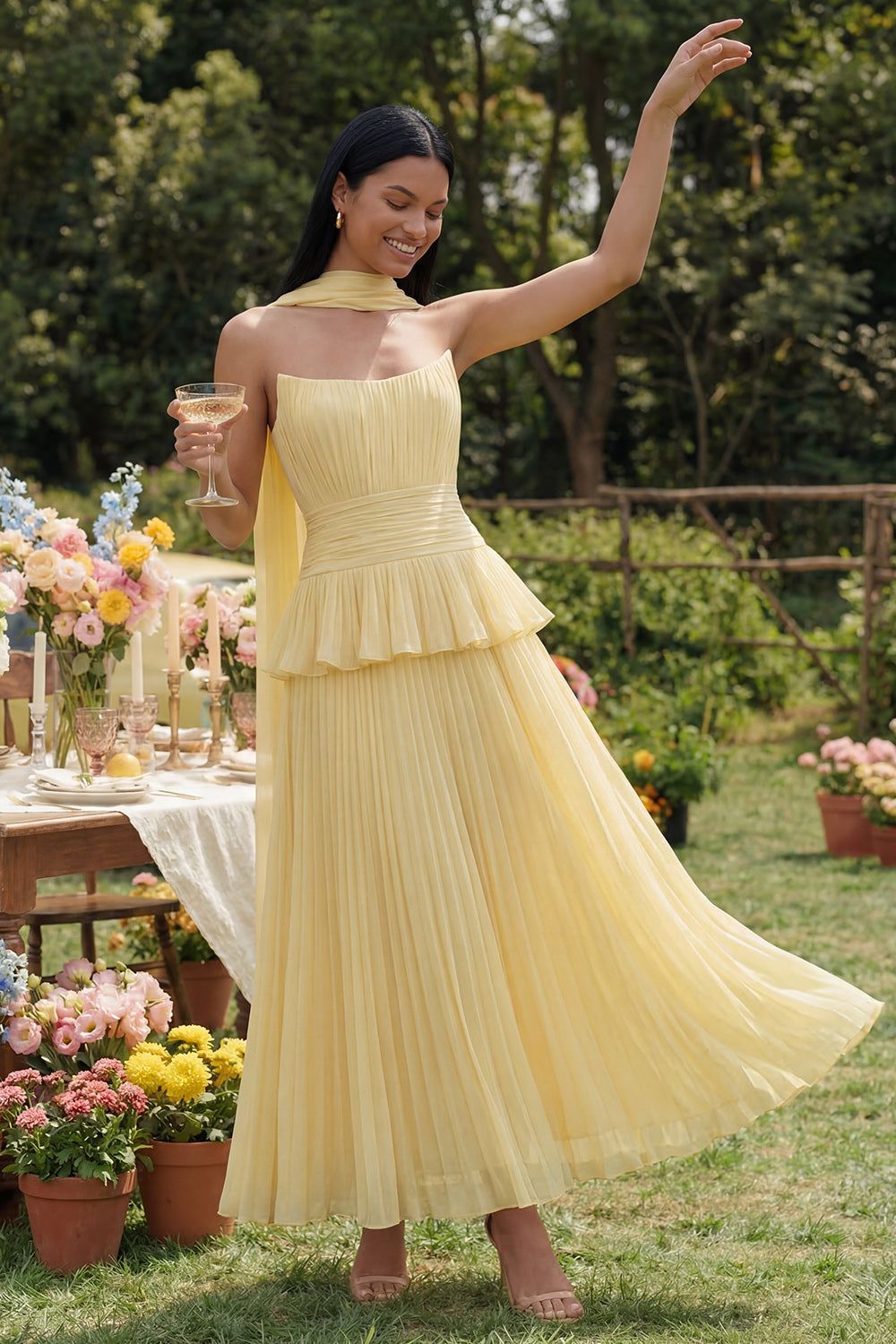 Zapakasa Women Dusty Sage Ruffled Pleated Chiffon Maxi Beach Wedding Guest  Dress with Neck Scarf Strapless A Line Ruffled Formal Dress