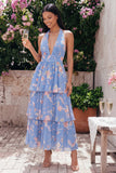 Blue Ruffled Halter A Line Floral Maxi Beach Wedding Guest Dress with Bow
