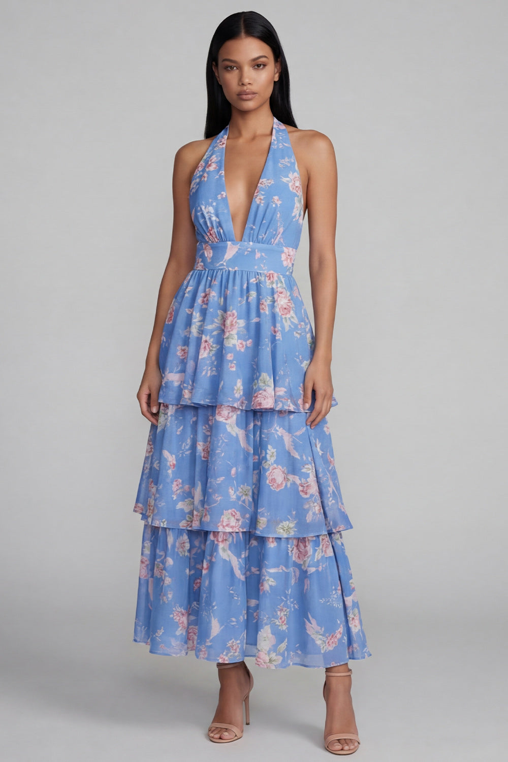 Blue Ruffled Halter A Line Floral Maxi Beach Wedding Guest Dress with Bow