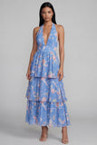 Blue Ruffled Halter A Line Floral Maxi Beach Wedding Guest Dress with Bow
