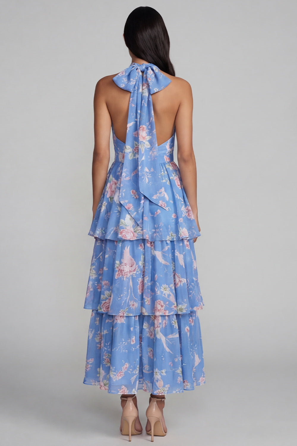 Blue Ruffled Halter A Line Floral Maxi Beach Wedding Guest Dress with Bow