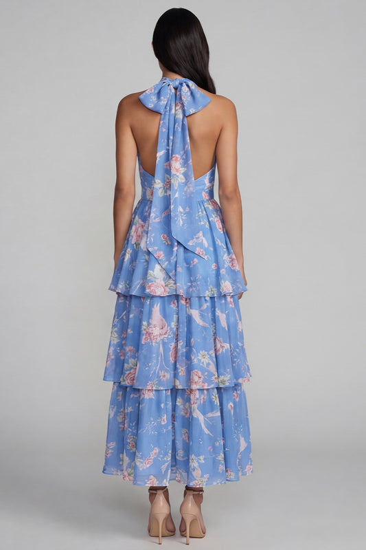 Blue Ruffled Halter A Line Floral Maxi Beach Wedding Guest Dress with Bow