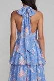 Blue Ruffled Halter A Line Floral Maxi Beach Wedding Guest Dress with Bow