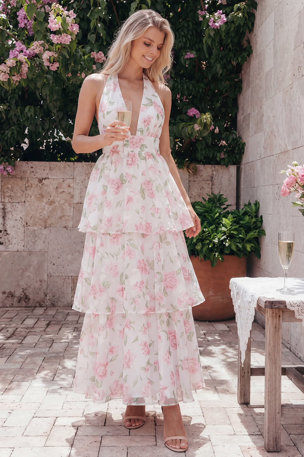Blue Ruffled Halter A Line Floral Maxi Beach Wedding Guest Dress with Bow