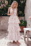 Blue Ruffled Halter A Line Floral Maxi Beach Wedding Guest Dress with Bow
