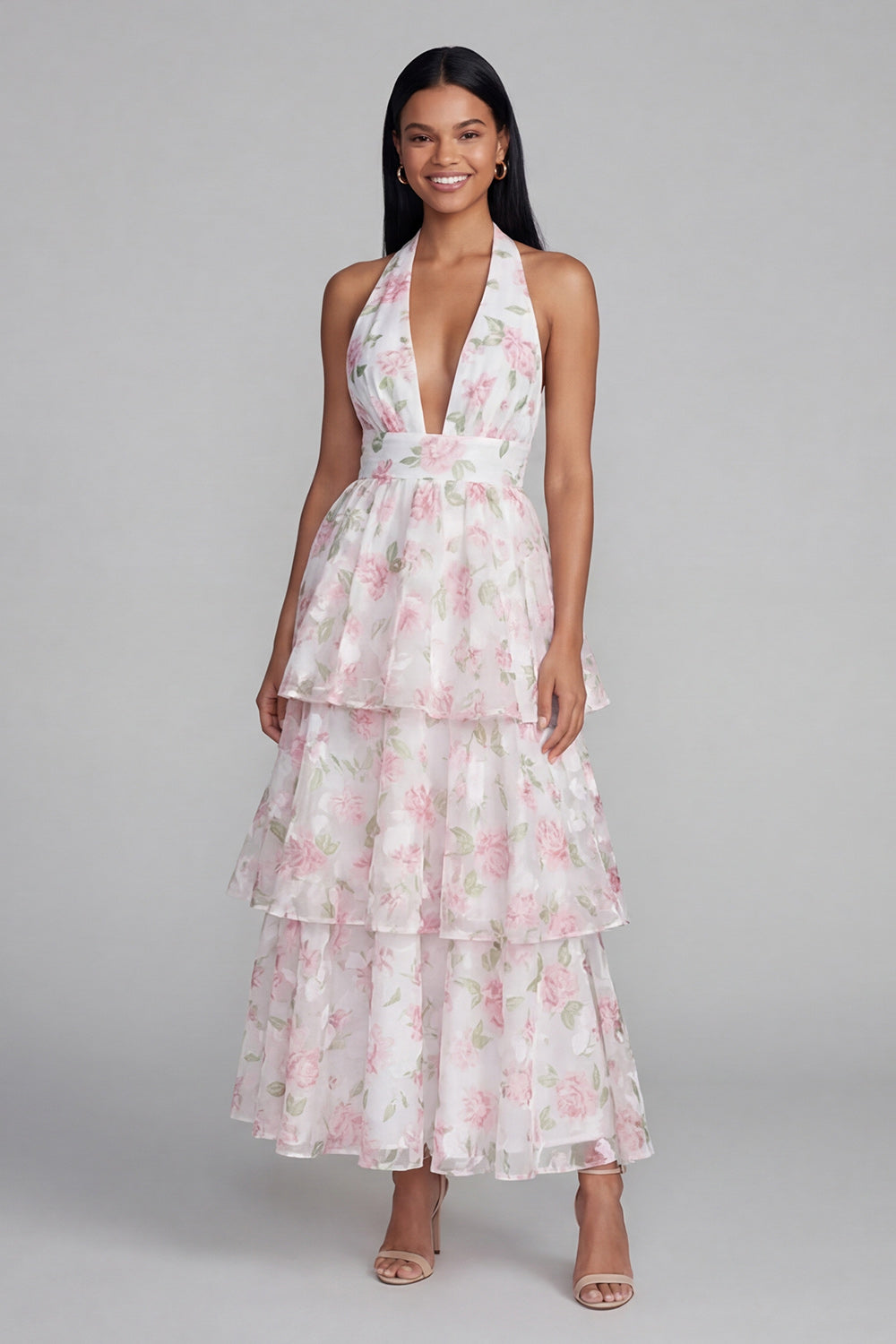 Blue Ruffled Halter A Line Floral Maxi Beach Wedding Guest Dress with Bow