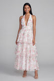 Blue Ruffled Halter A Line Floral Maxi Beach Wedding Guest Dress with Bow