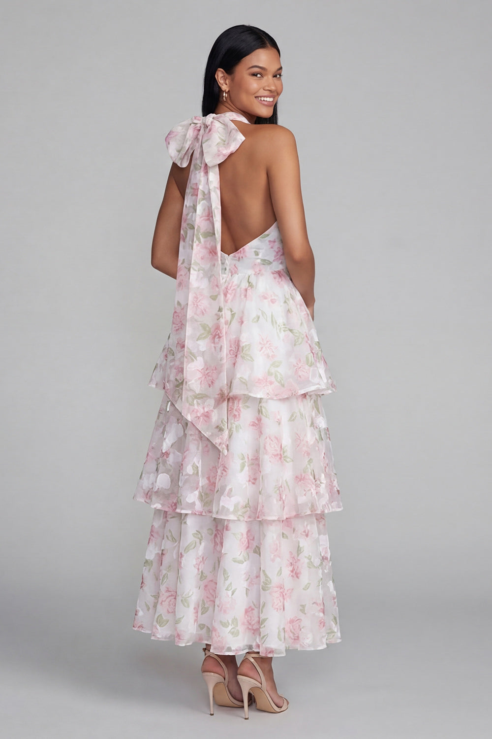 Blue Ruffled Halter A Line Floral Maxi Beach Wedding Guest Dress with Bow