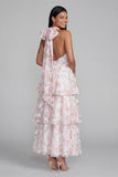 Blue Ruffled Halter A Line Floral Maxi Beach Wedding Guest Dress with Bow