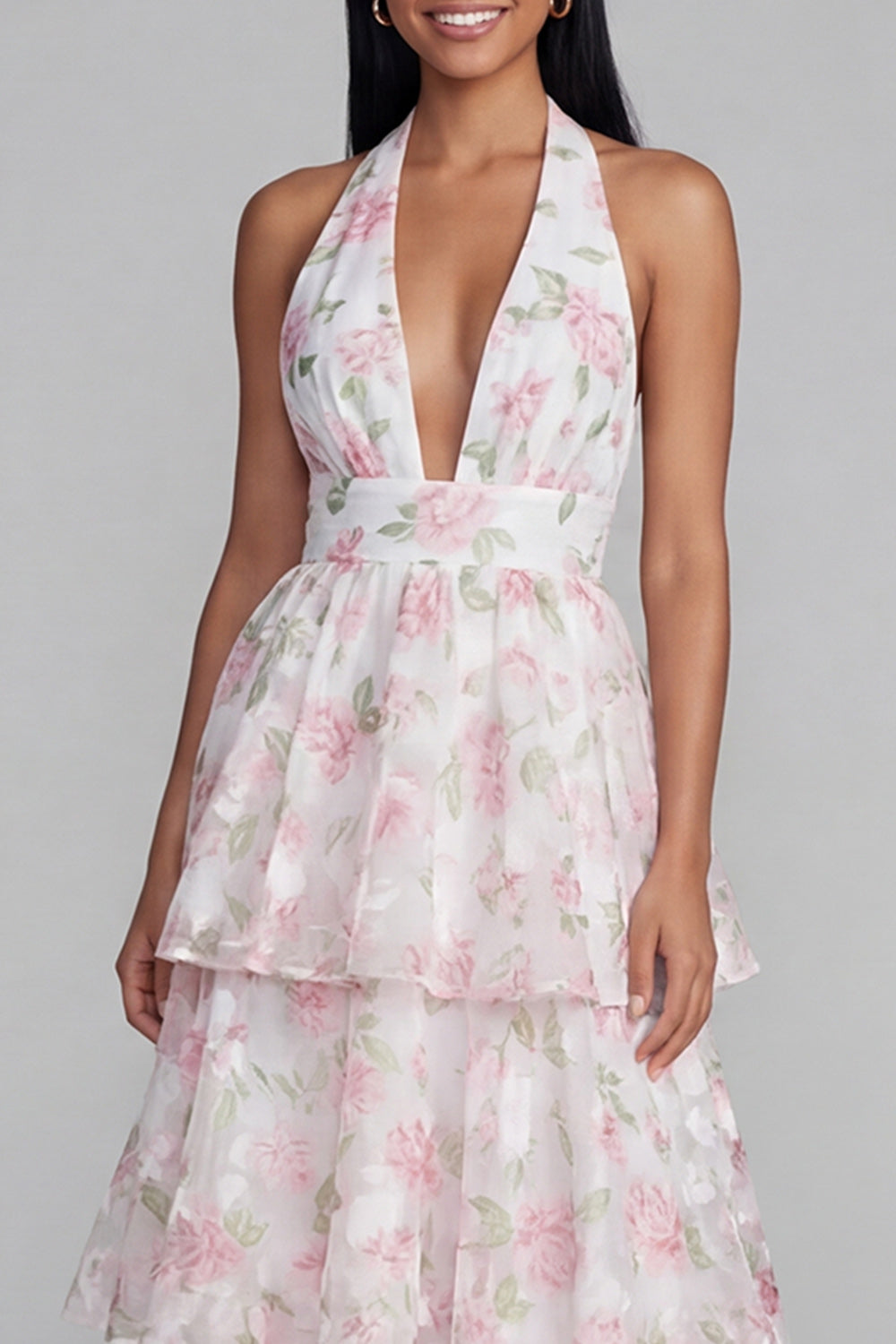 Blue Ruffled Halter A Line Floral Maxi Beach Wedding Guest Dress with Bow