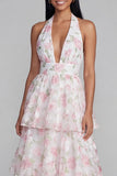 Blue Ruffled Halter A Line Floral Maxi Beach Wedding Guest Dress with Bow