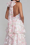 Blue Ruffled Halter A Line Floral Maxi Beach Wedding Guest Dress with Bow