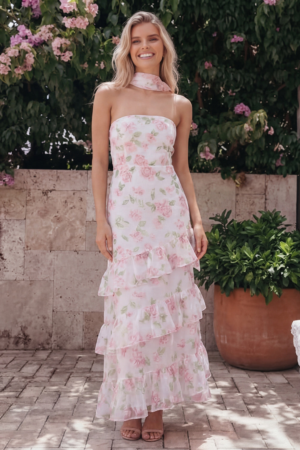 Mermaid Yellow Floral Maxi Strapless Beach Wedding Guest Dress with Ruffles