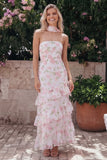 Mermaid Yellow Floral Maxi Strapless Beach Wedding Guest Dress with Ruffles