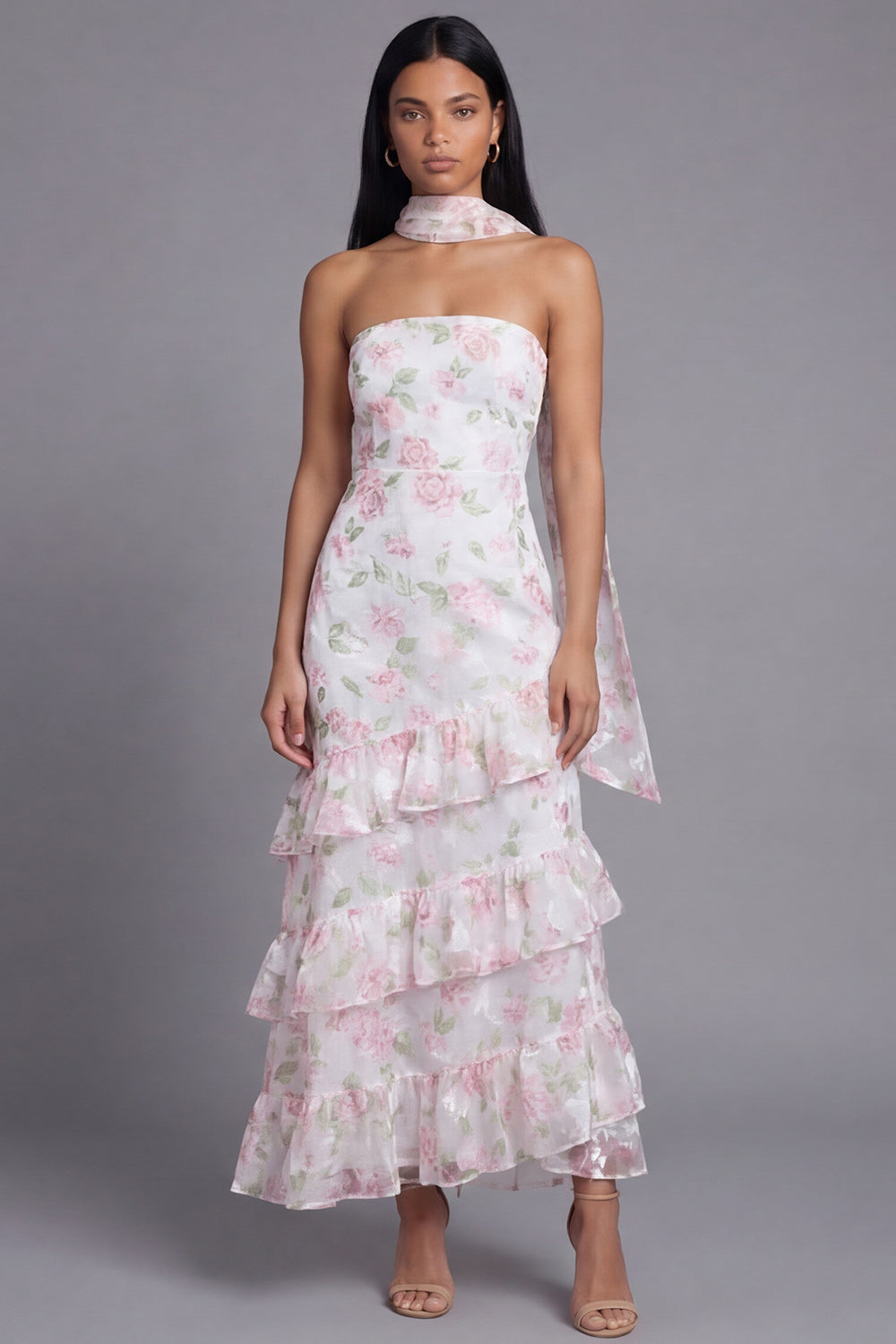 Mermaid Yellow Floral Maxi Strapless Beach Wedding Guest Dress with Ruffles