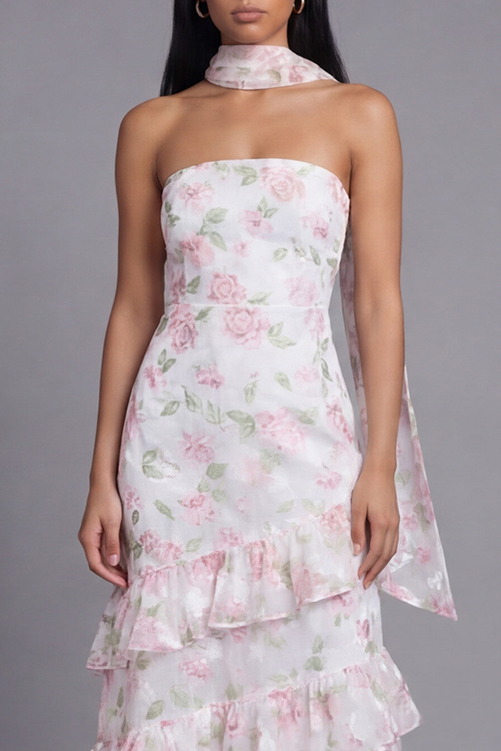Mermaid Yellow Floral Maxi Strapless Beach Wedding Guest Dress with Ruffles