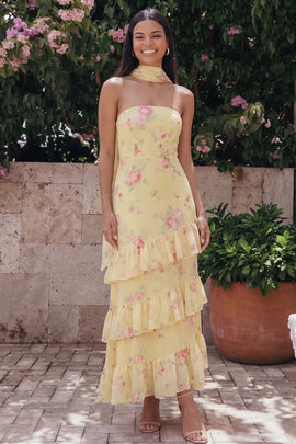 Mermaid Yellow Floral Maxi Strapless Beach Wedding Guest Dress with Ruffles