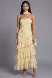 Mermaid Yellow Floral Maxi Strapless Beach Wedding Guest Dress with Ruffles