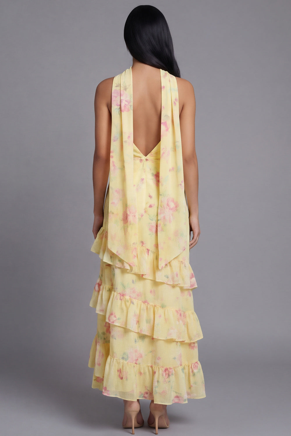 Mermaid Yellow Floral Maxi Strapless Beach Wedding Guest Dress with Ruffles