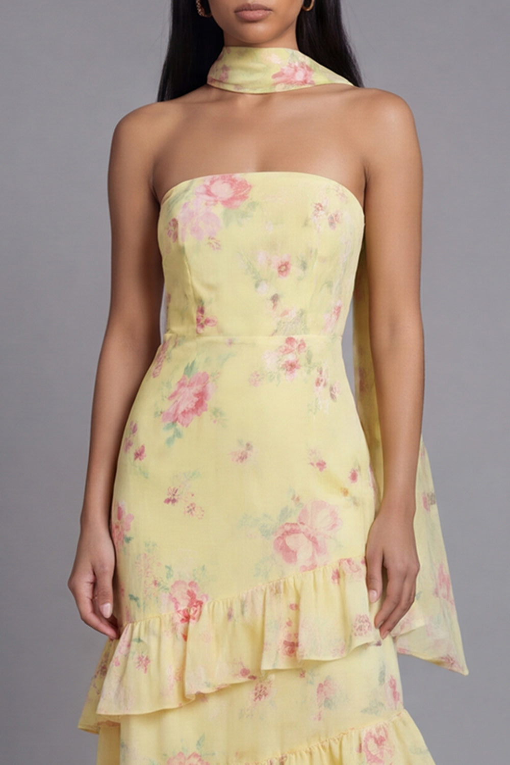 Mermaid Yellow Floral Maxi Strapless Beach Wedding Guest Dress with Ruffles