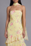 Mermaid Yellow Floral Maxi Strapless Beach Wedding Guest Dress with Ruffles