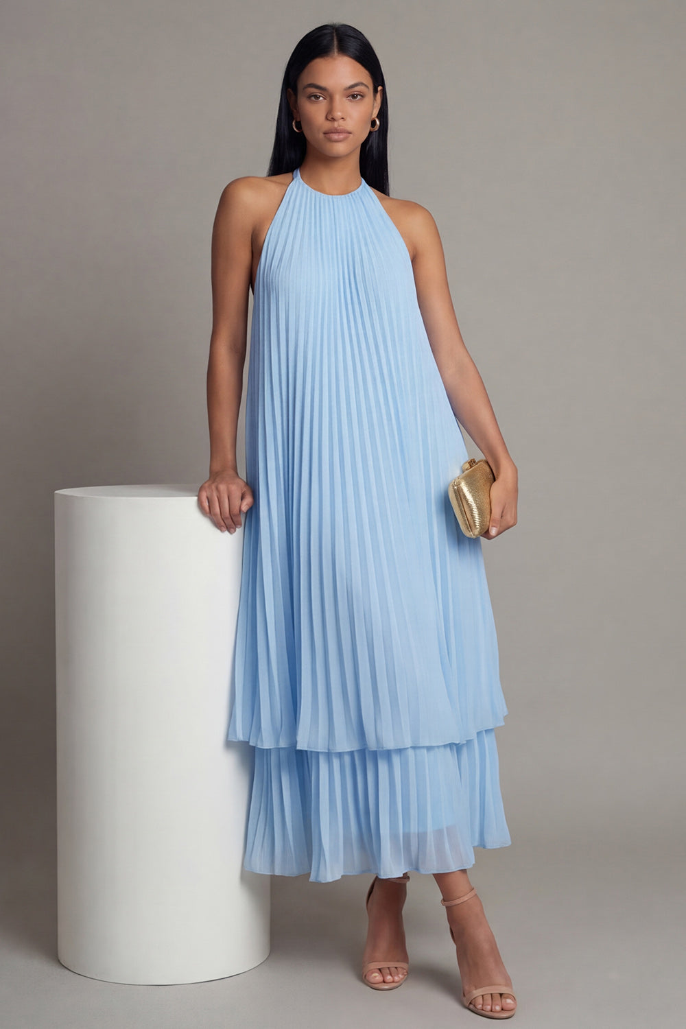 A Line Floral Maxi White Blue Flower Beach Wedding Guest Dress with Pleats