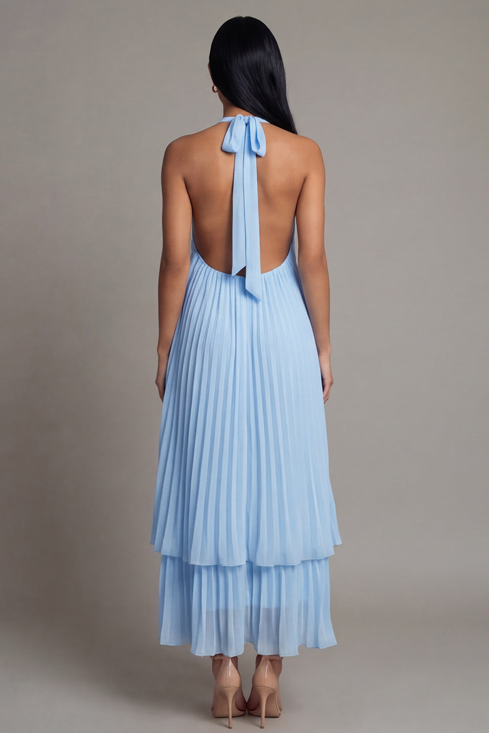 A Line Floral Maxi White Blue Flower Beach Wedding Guest Dress with Pleats