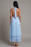 A Line Floral Maxi White Blue Flower Beach Wedding Guest Dress with Pleats
